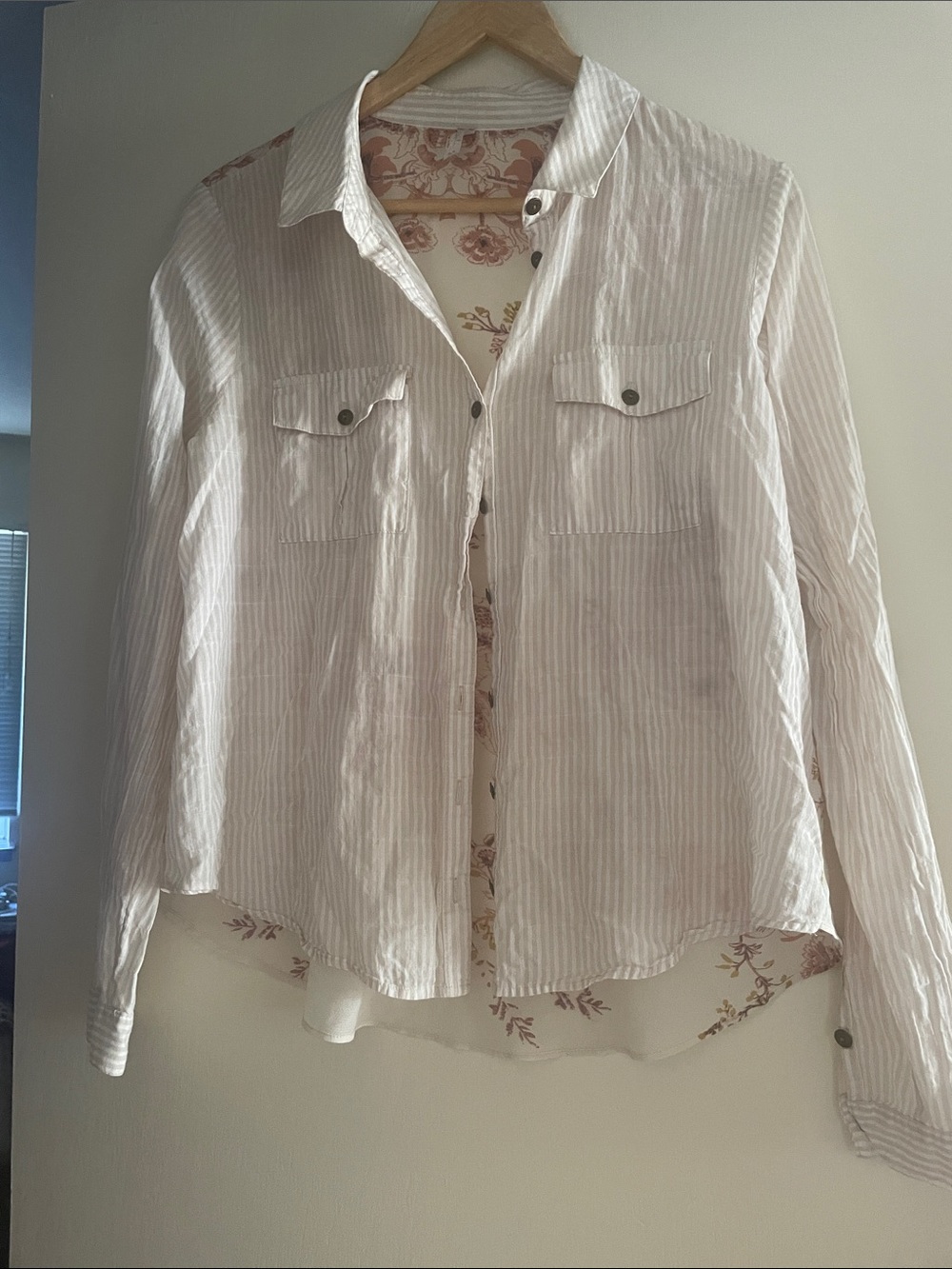 Free People Lightweight Striped Button-Up Shirt in Soft White and Pale Pink